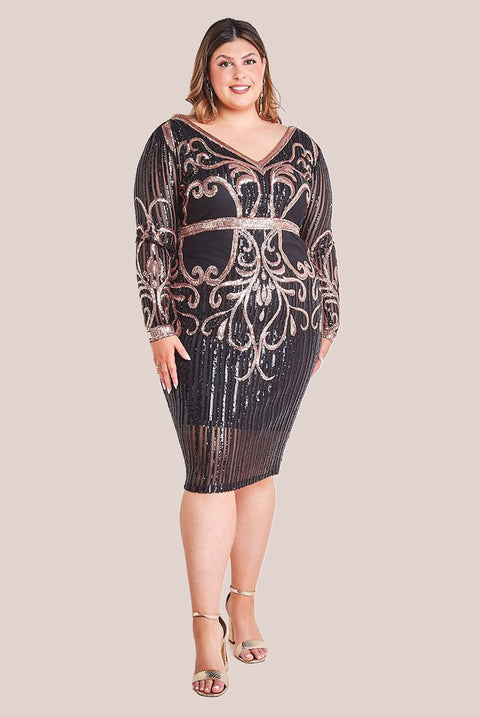 Goddiva Plus Sequin Mesh V Neck Midi Dress - Black