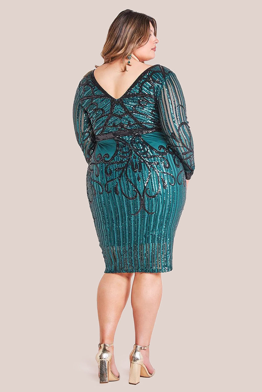 Goddiva Plus Sequin Mesh V Neck Midi Dress - Emerald