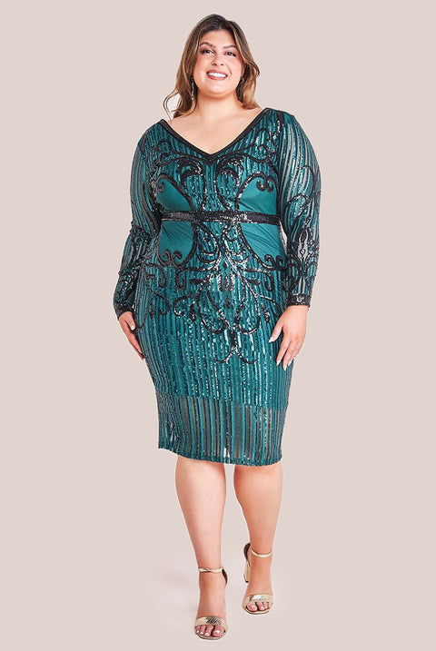 Goddiva Plus Sequin Mesh V Neck Midi Dress - Emerald