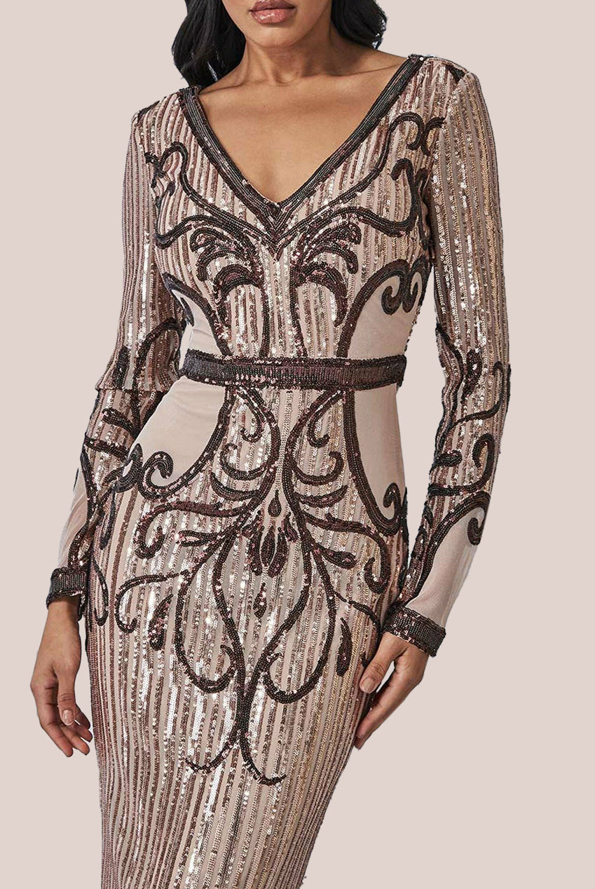 Goddiva Sequin & Mesh Embroidered Midi - Champagne