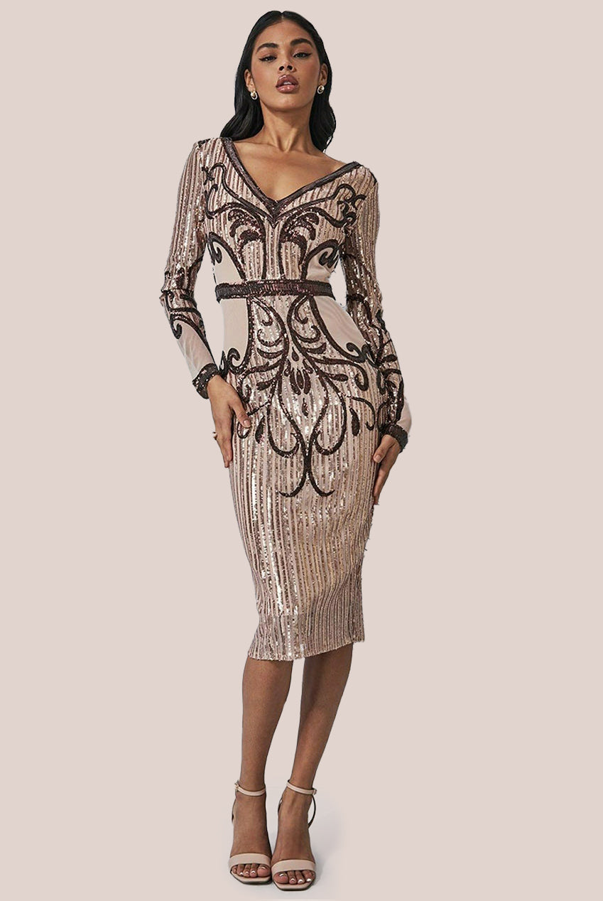 Goddiva Sequin & Mesh Embroidered Midi - Champagne