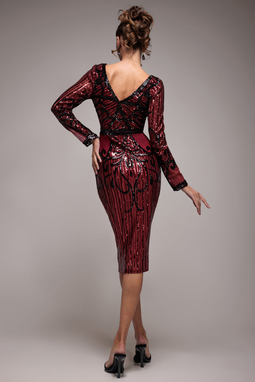 Goddiva Sequin & Mesh Embroidered Midi Dress - Wine
