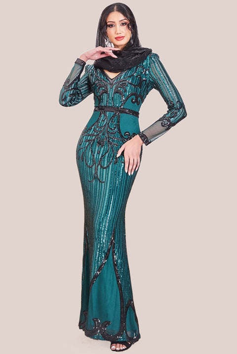 Goddiva Modesty Sequin & Mesh Maxi Dress - Emerald