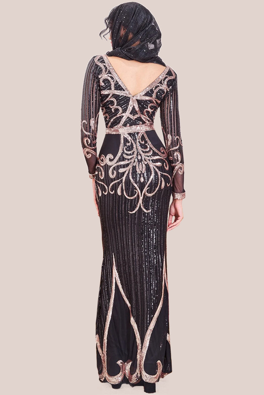 Goddiva Modesty Sequin & Mesh Maxi Dress - Black