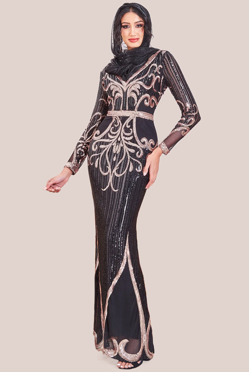 Goddiva Modesty Sequin & Mesh Maxi Dress - Black