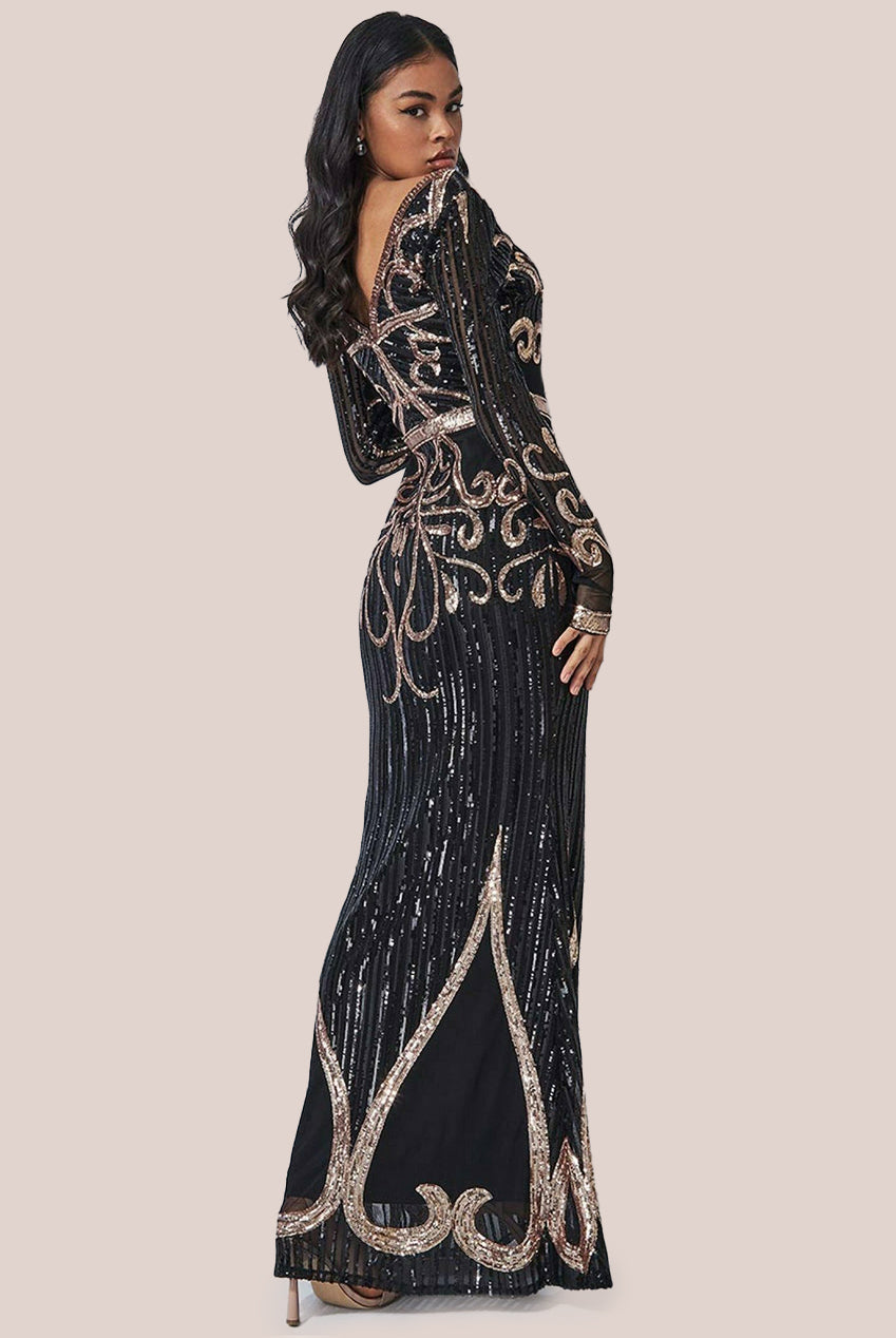 Goddiva Sequin & Mesh Embroidered Maxi - Black