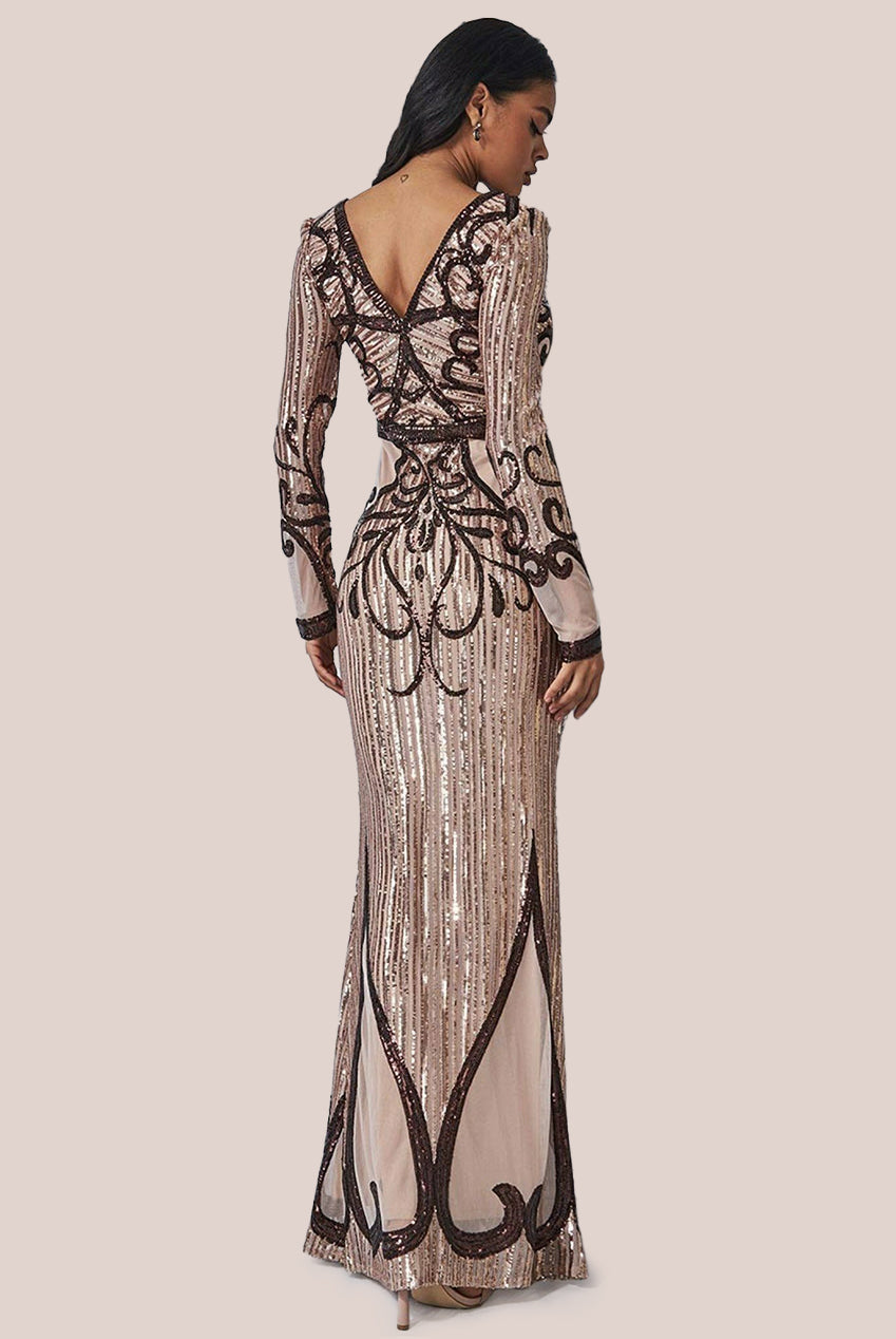 Goddiva Sequin & Mesh Embroidered Maxi - Champagne