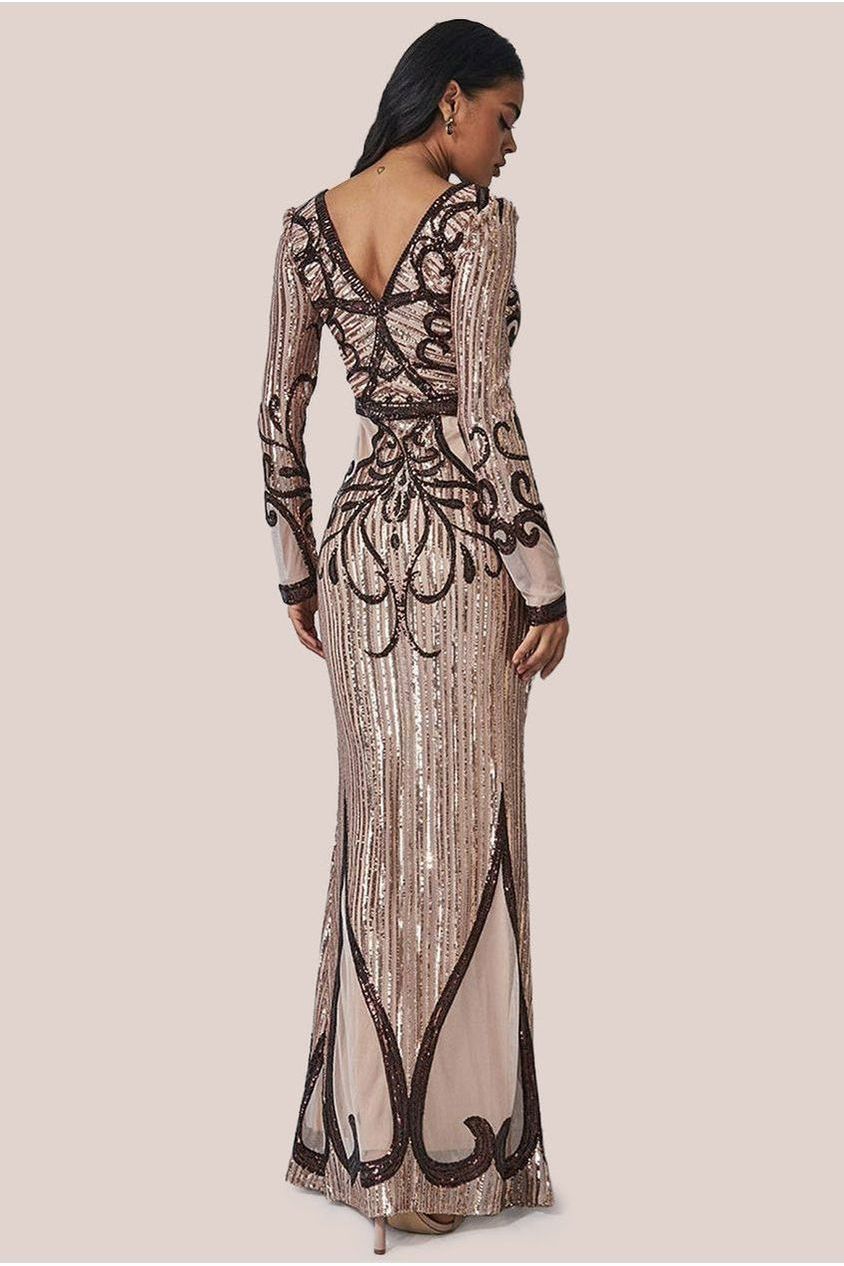 Goddiva Sequin & Mesh Embroidered Maxi - Champagne