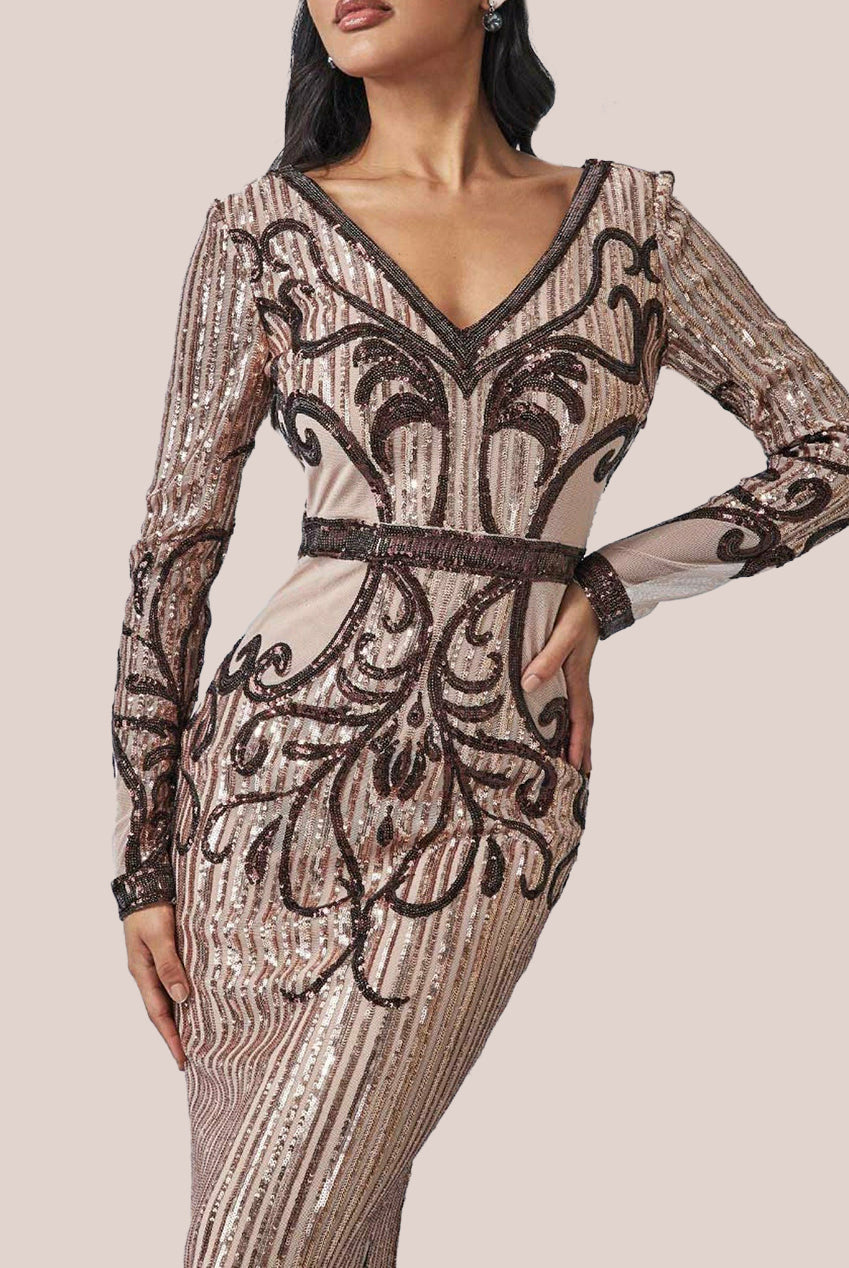 Goddiva Sequin & Mesh Embroidered Maxi - Champagne