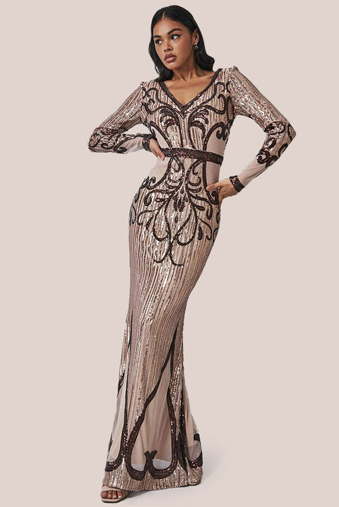 Goddiva Sequin & Mesh Embroidered Maxi - Champagne