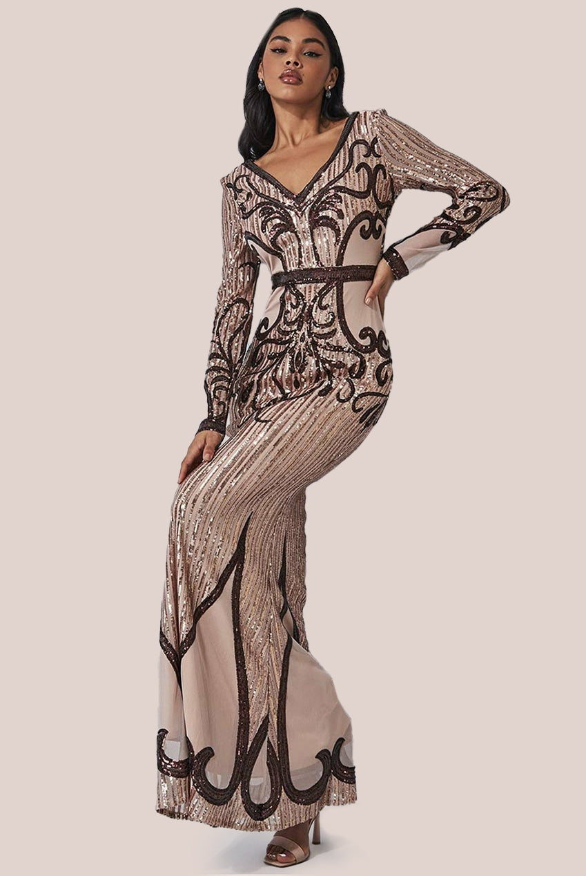 Goddiva Sequin & Mesh Embroidered Maxi - Champagne