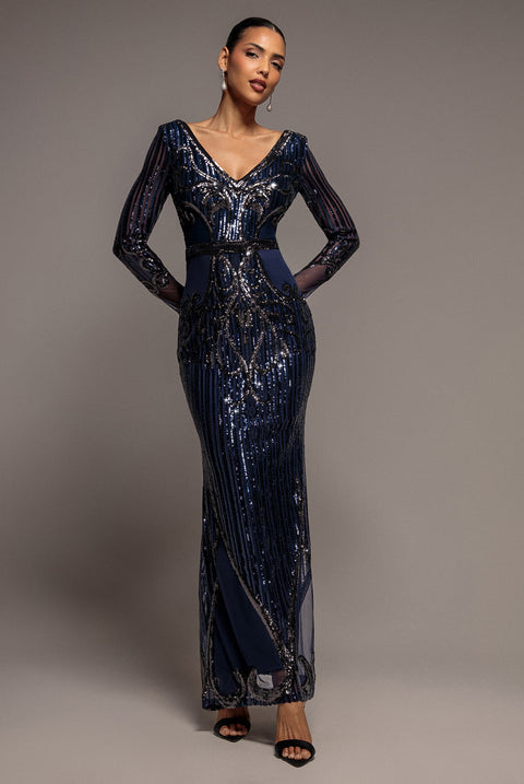 Goddiva Sequin & Mesh Embroidered Maxi Dress - Navy Blue