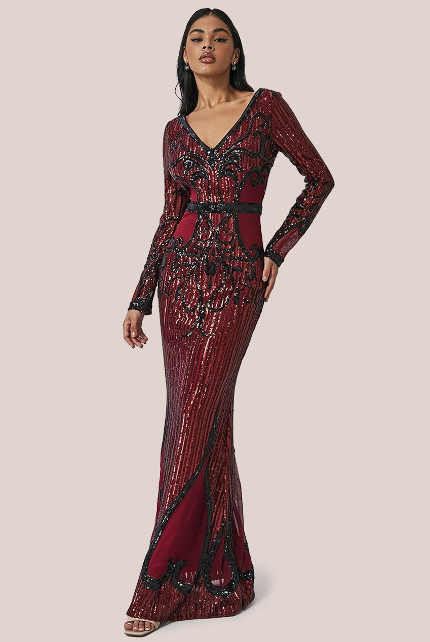 Goddiva Sequin & Mesh Embroidered Maxi - Wine