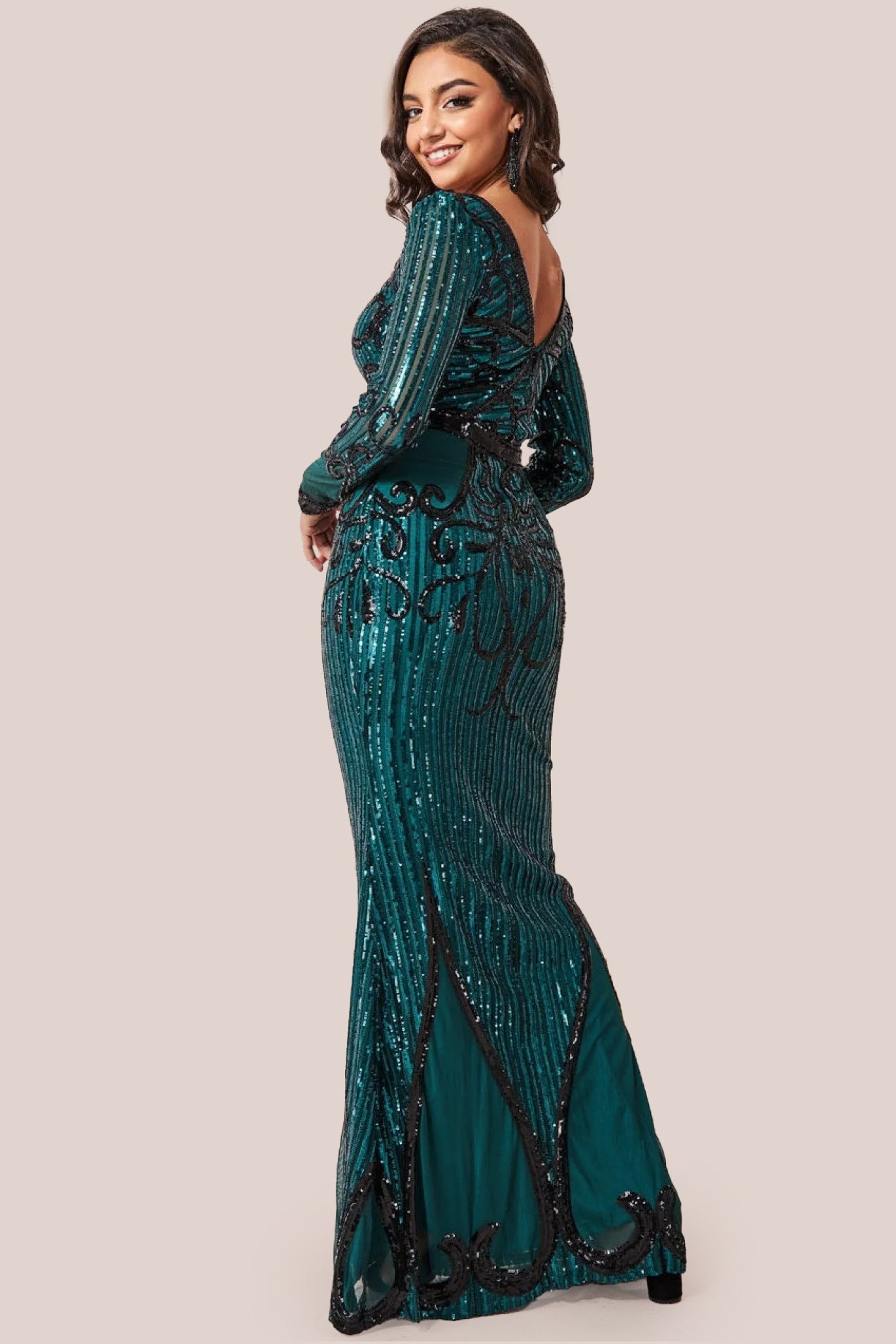 Goddiva Sequin & Mesh Embroidered Maxi Dress - Emerald