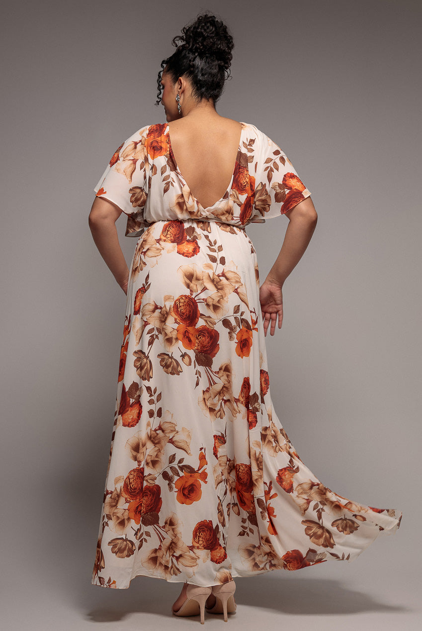 Goddiva Plus Wrap Back Flutter Sleeve Maxi - Beige