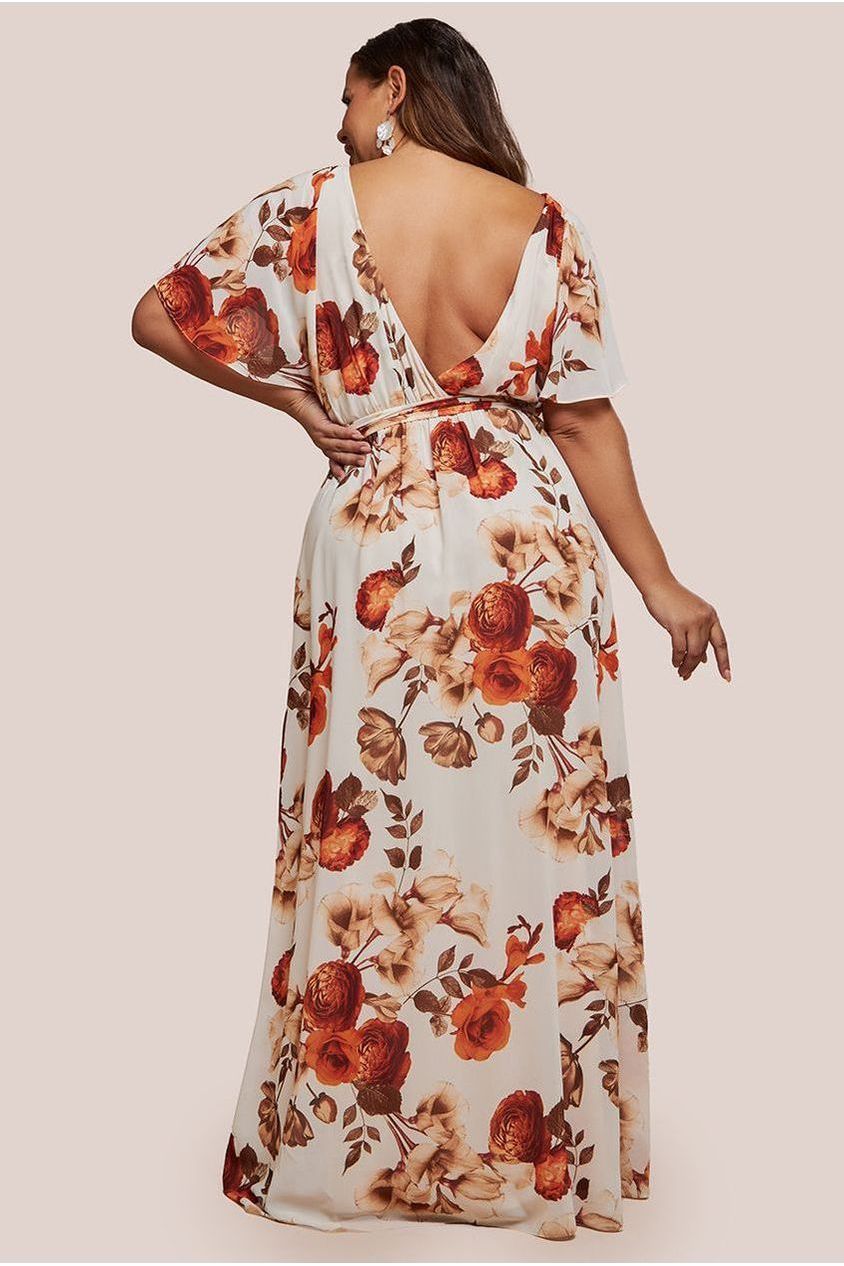 Goddiva Plus Wrap Back Flutter Sleeve Maxi - Beige