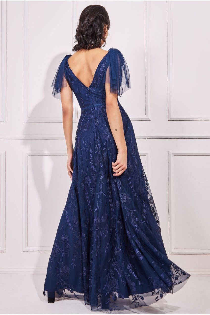 Goddiva Embroidered Lace Maxi Flutter Sleeves - Navy