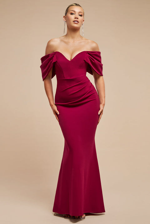 Goddiva Off The Shoulder Draped Sleeve Maxi Dress - Burgundy