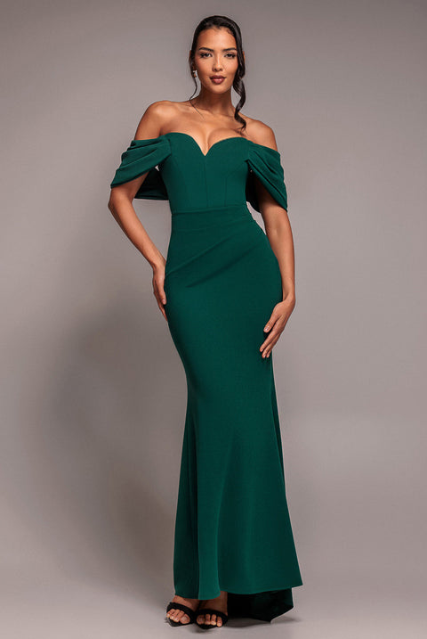 Goddiva Off The Shoulder Draped Sleeve Maxi Dress - Emerald Green