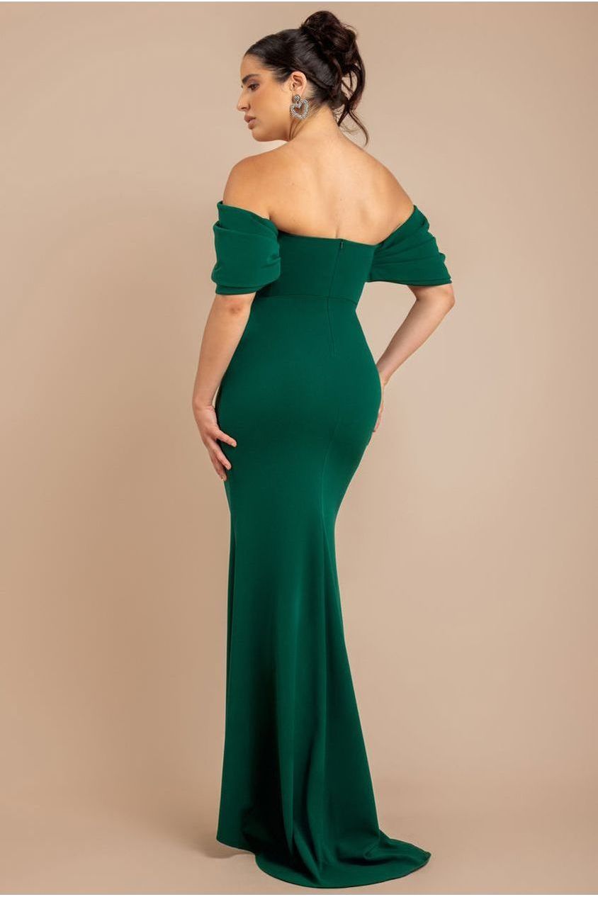 Goddiva Off The Shoulder Draped Sleeve Maxi Dress - Emerald Green