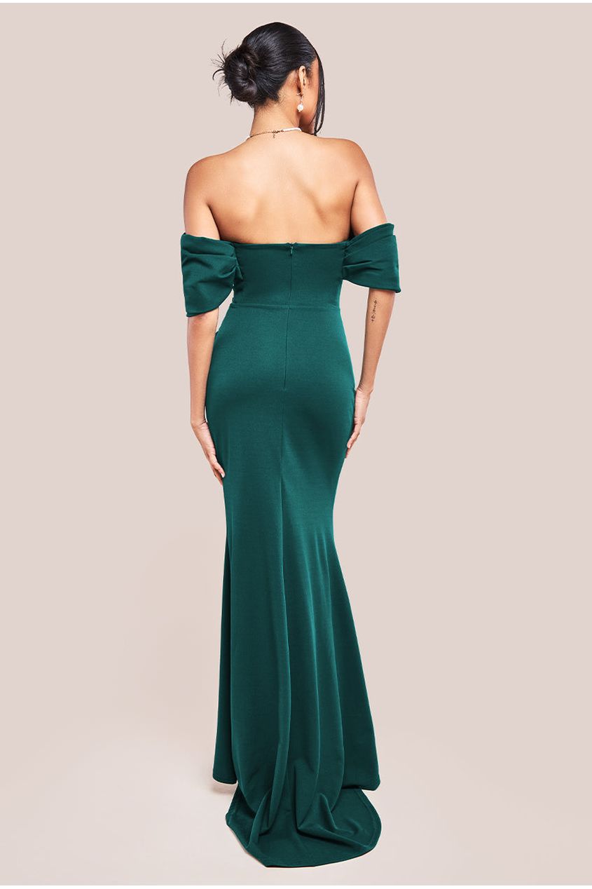 Goddiva Off The Shoulder Draped Sleeve Maxi Dress - Emerald Green