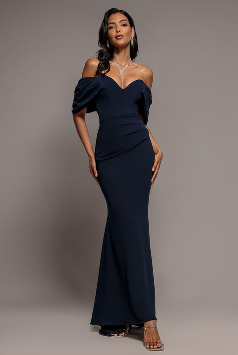 Goddiva Off The Shoulder Draped Sleeve Maxi Dress - Navy Blue