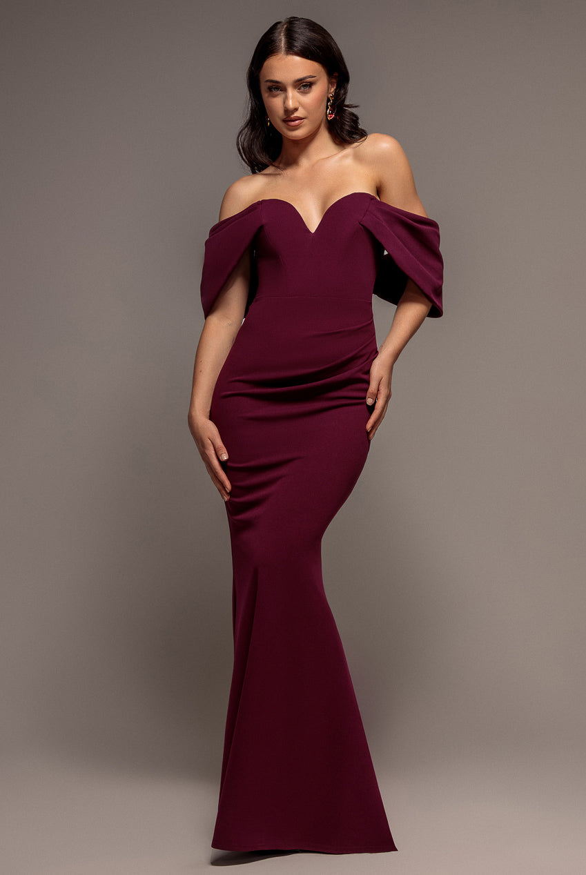 Goddiva Off The Shoulder Draped Sleeve Maxi Dress - Plum