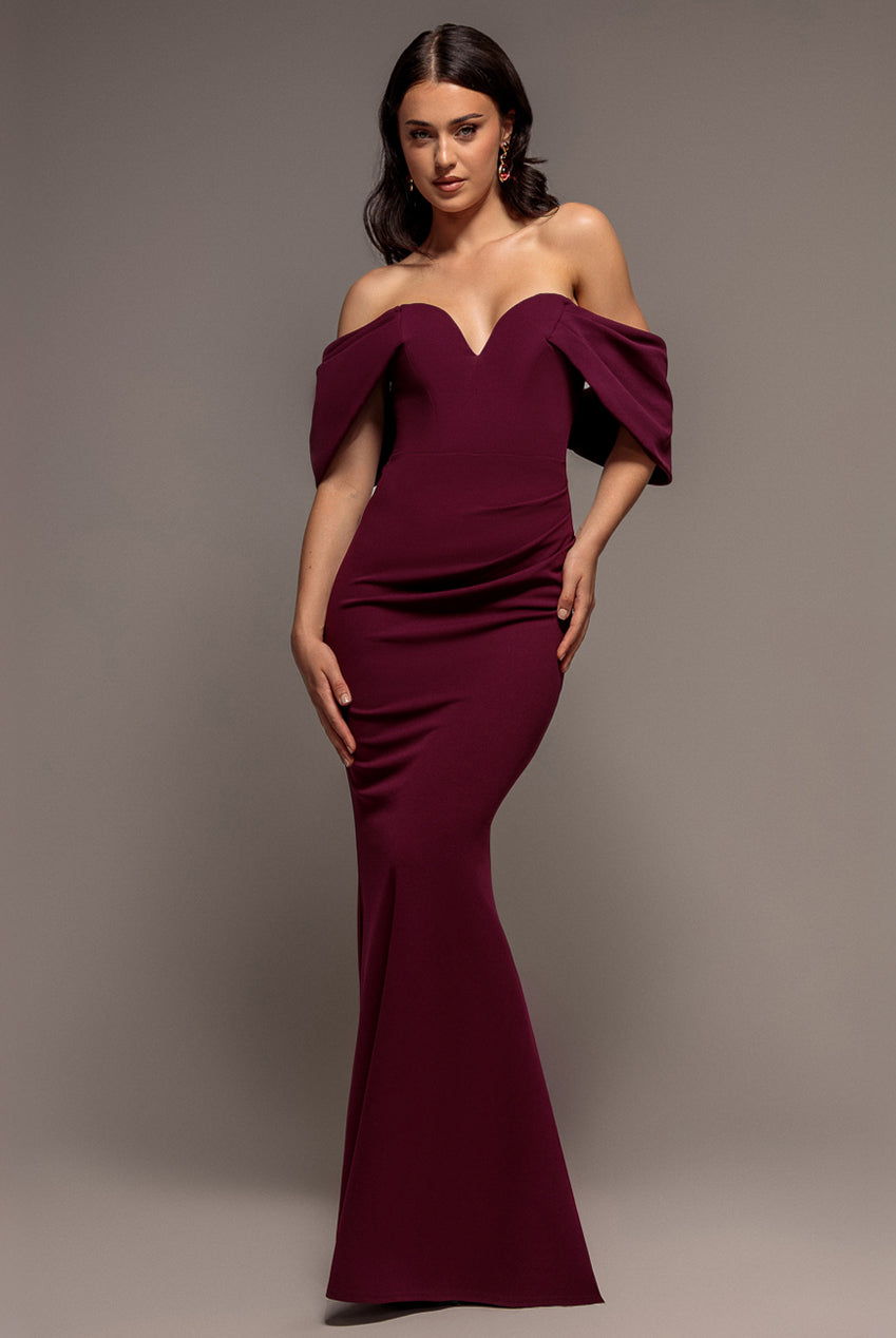 Goddiva Off The Shoulder Draped Sleeve Maxi Dress - Plum