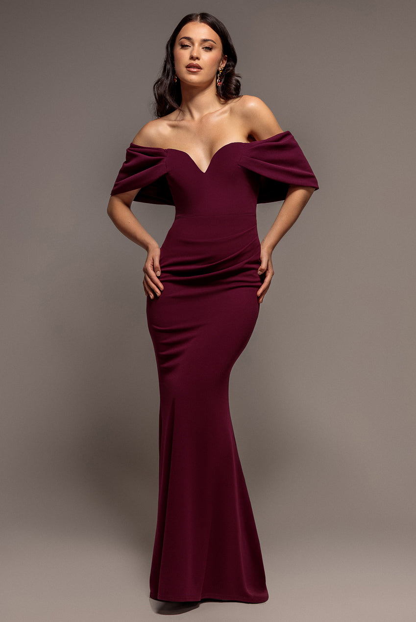 Goddiva Off The Shoulder Draped Sleeve Maxi Dress - Plum