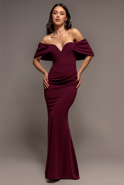 Goddiva Off The Shoulder Draped Sleeve Maxi Dress - Plum