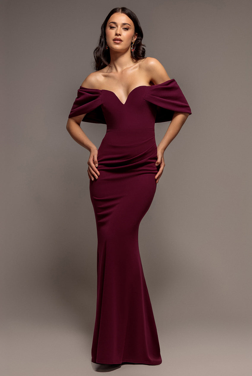Goddiva Off The Shoulder Draped Sleeve Maxi Dress - Plum