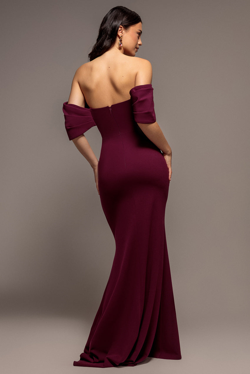 Goddiva Off The Shoulder Draped Sleeve Maxi Dress - Plum
