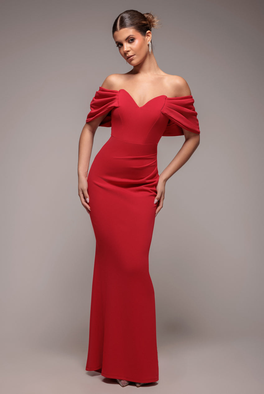 Goddiva Off The Shoulder Draped Sleeve Maxi Dress - Red