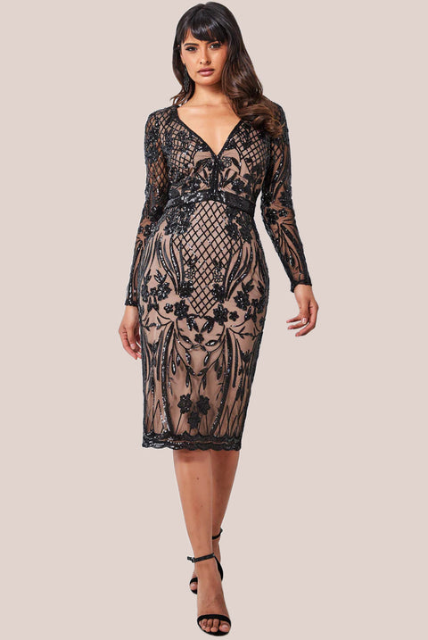 Goddiva Full Sleeve Sequin Midi Dress - Black