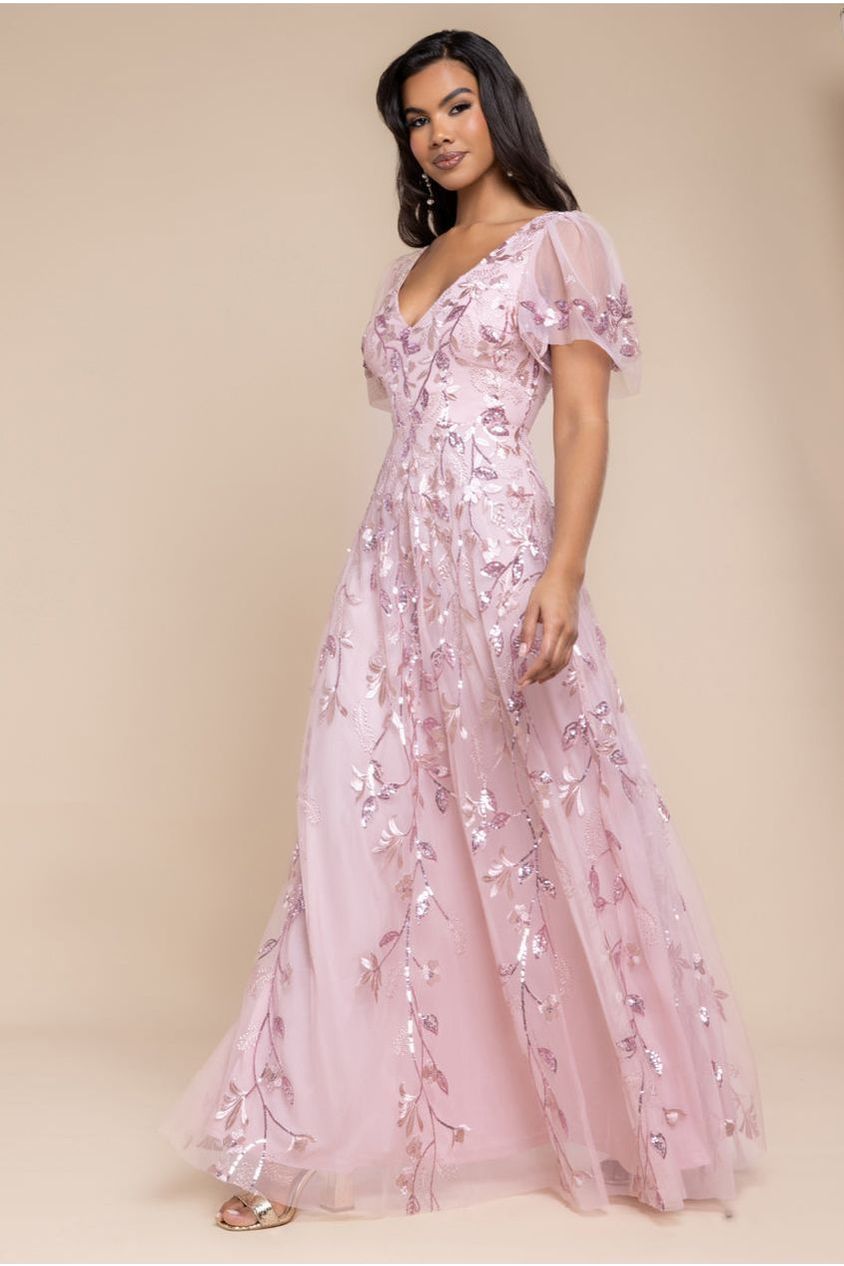 Goddiva Flared Sleeve Embroidered Maxi Dress - Blush Pink