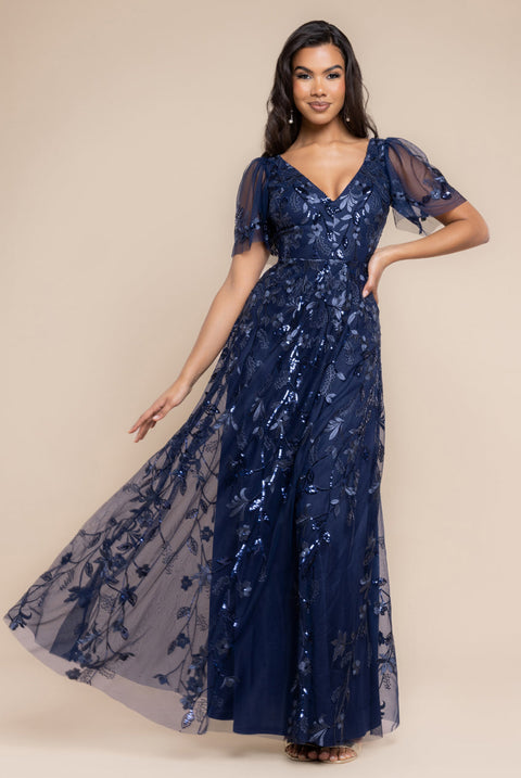 Goddiva Flared Sleeve Embroidered Maxi Dress - Navy