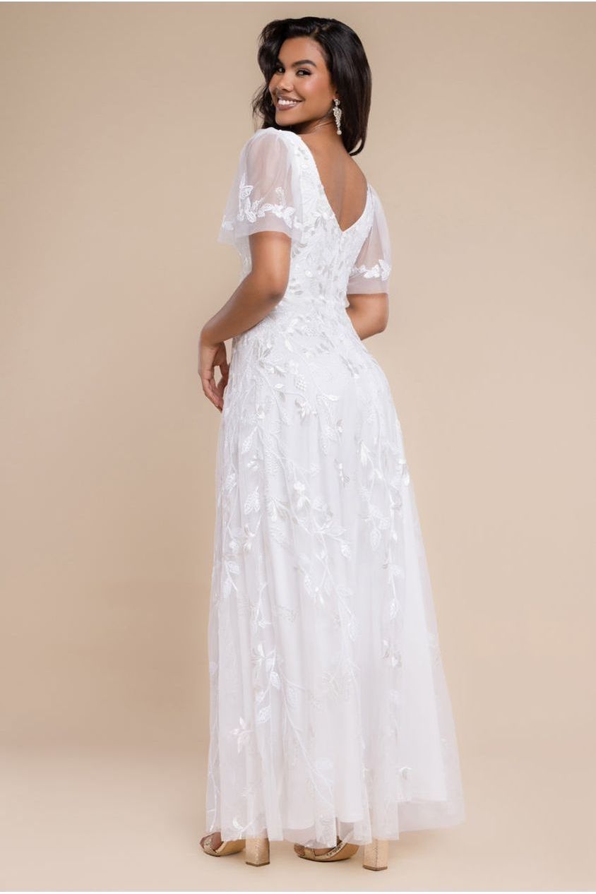 Goddiva Flared Sleeve Embroidered Maxi Dress - White