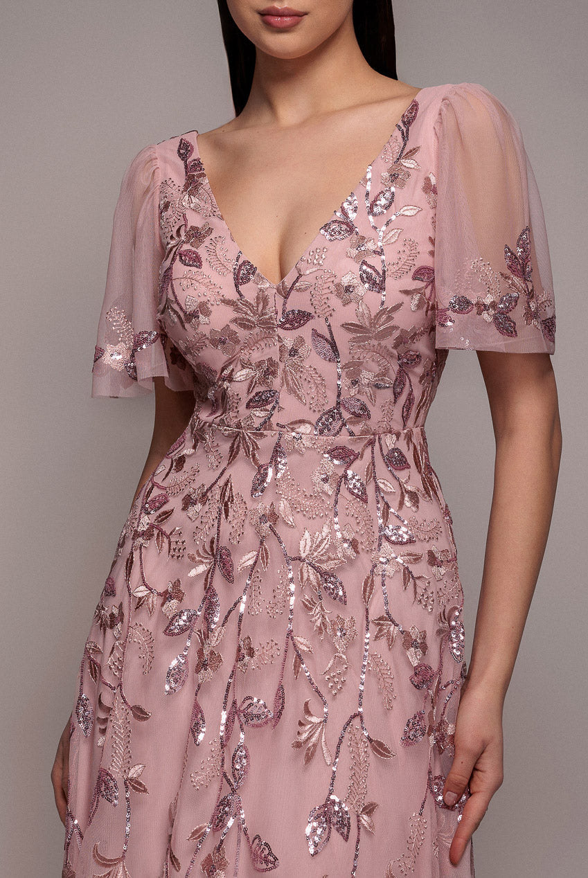 Goddiva Flared Sleeve Embroidered Maxi Dress - Blush