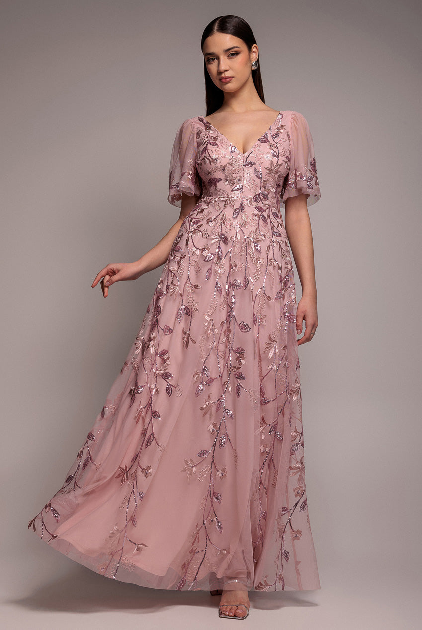 Flared Sleeve Embroidered Maxi Dress - Blush