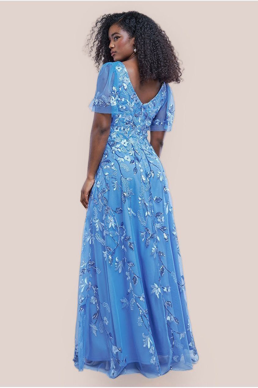 Goddiva Flared Sleeve Embroidered Maxi Dress - Cornflower Blue