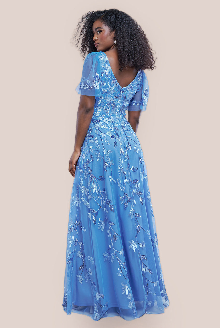 Goddiva Flared Sleeve Embroidered Maxi Dress - Cornflower Blue