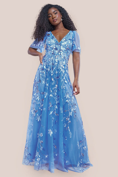 Goddiva Flared Sleeve Embroidered Maxi Dress - Cornflower Blue