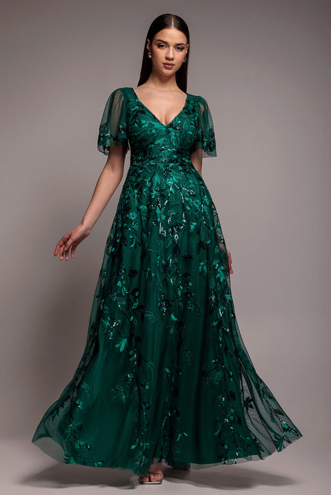 Goddiva Flared Sleeve Embroidered Maxi Dress - Emerald Green