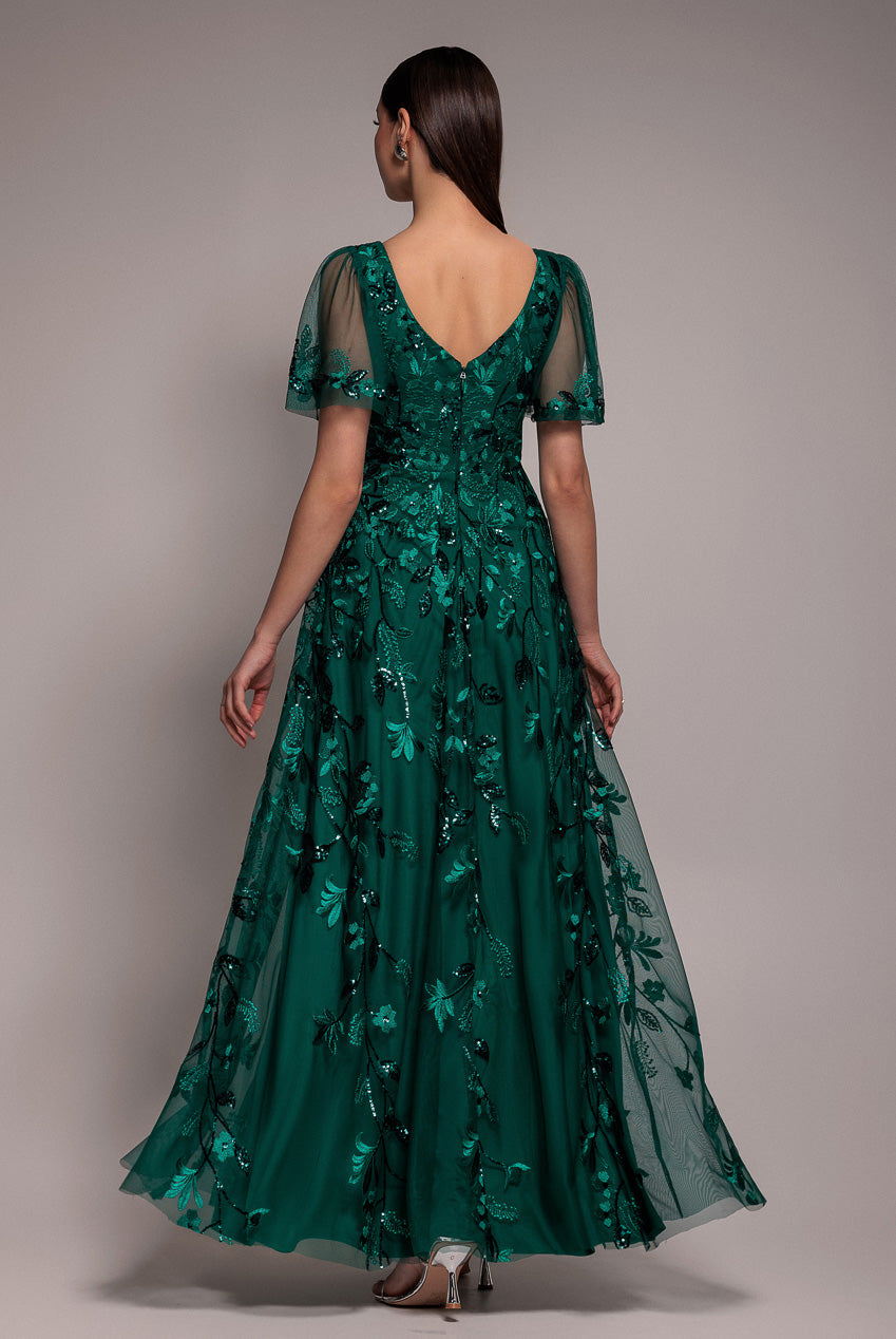 Goddiva Flared Sleeve Embroidered Maxi Dress - Emerald Green