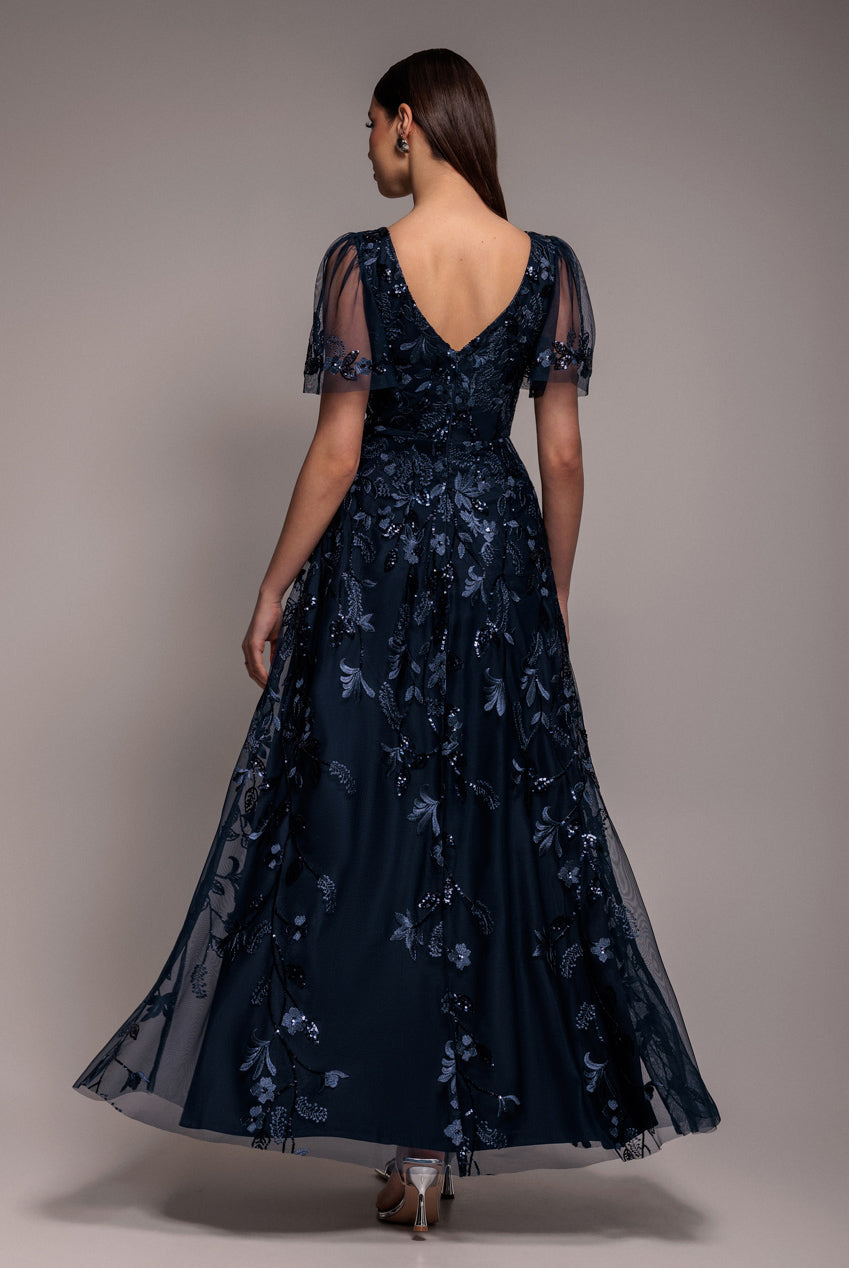 Goddiva Flared Sleeve Embroidered Maxi Dress - Navy Blue