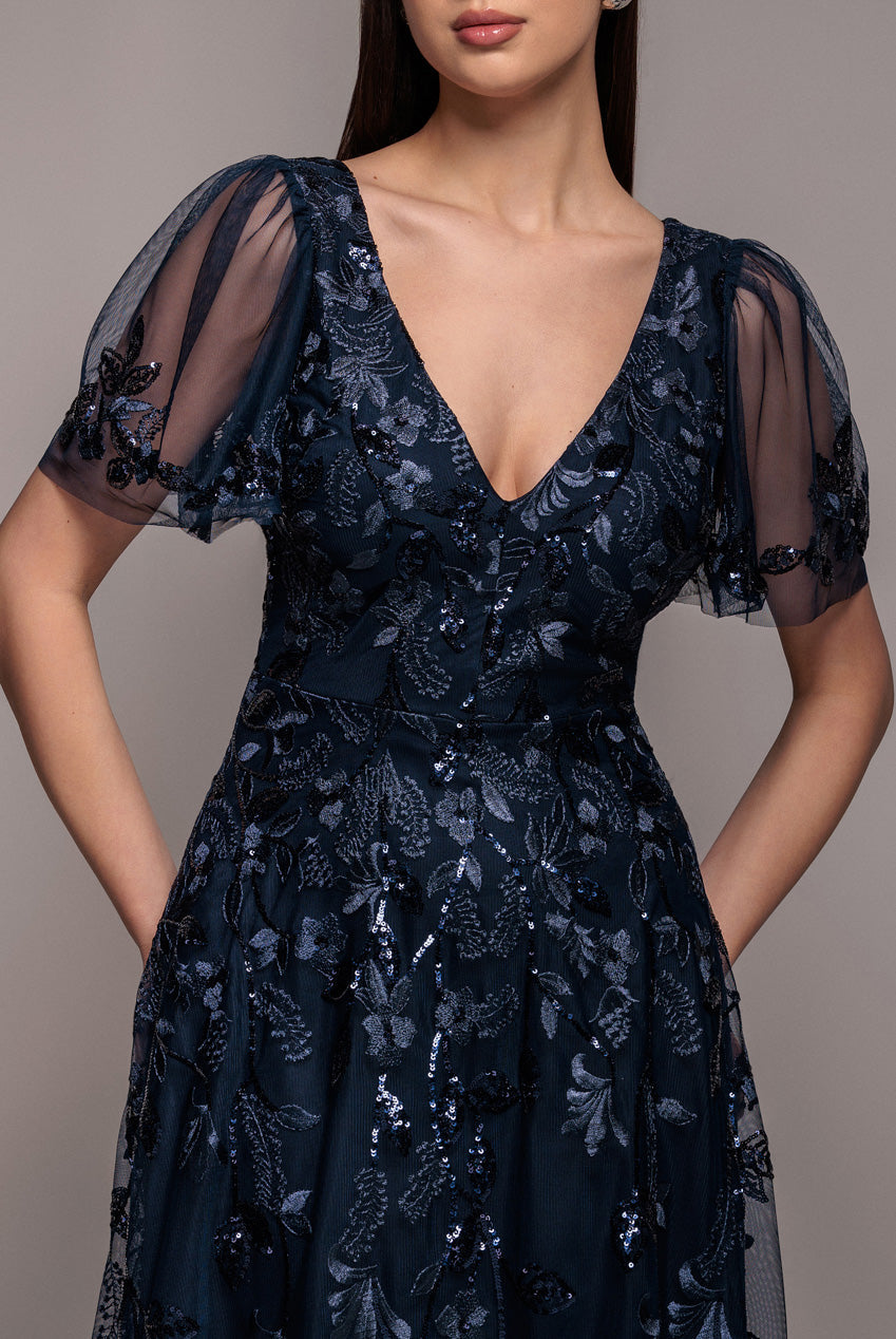 Goddiva Flared Sleeve Embroidered Maxi Dress - Navy Blue