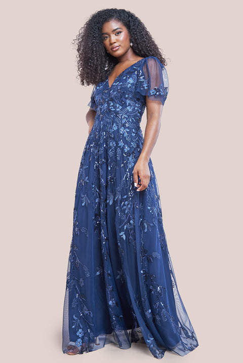 Goddiva Flared Sleeve Embroidered Maxi Dress - Navy