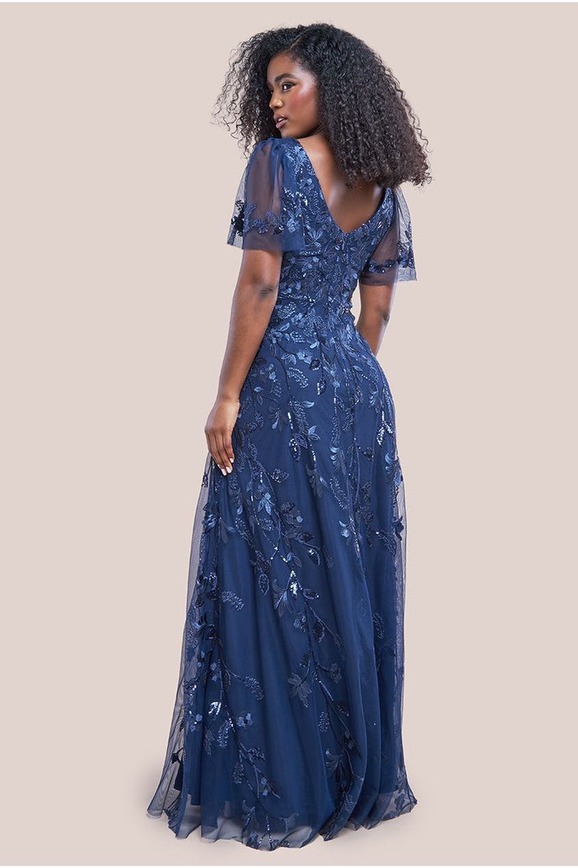 Goddiva Flared Sleeve Embroidered Maxi Dress - Navy