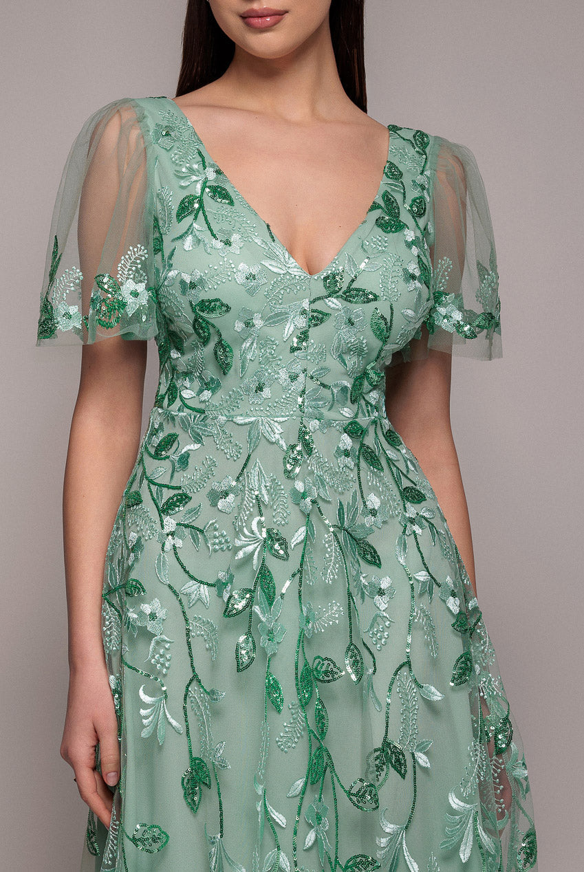 Goddiva Flared Sleeve Embroidered Maxi Dress - Sage Green