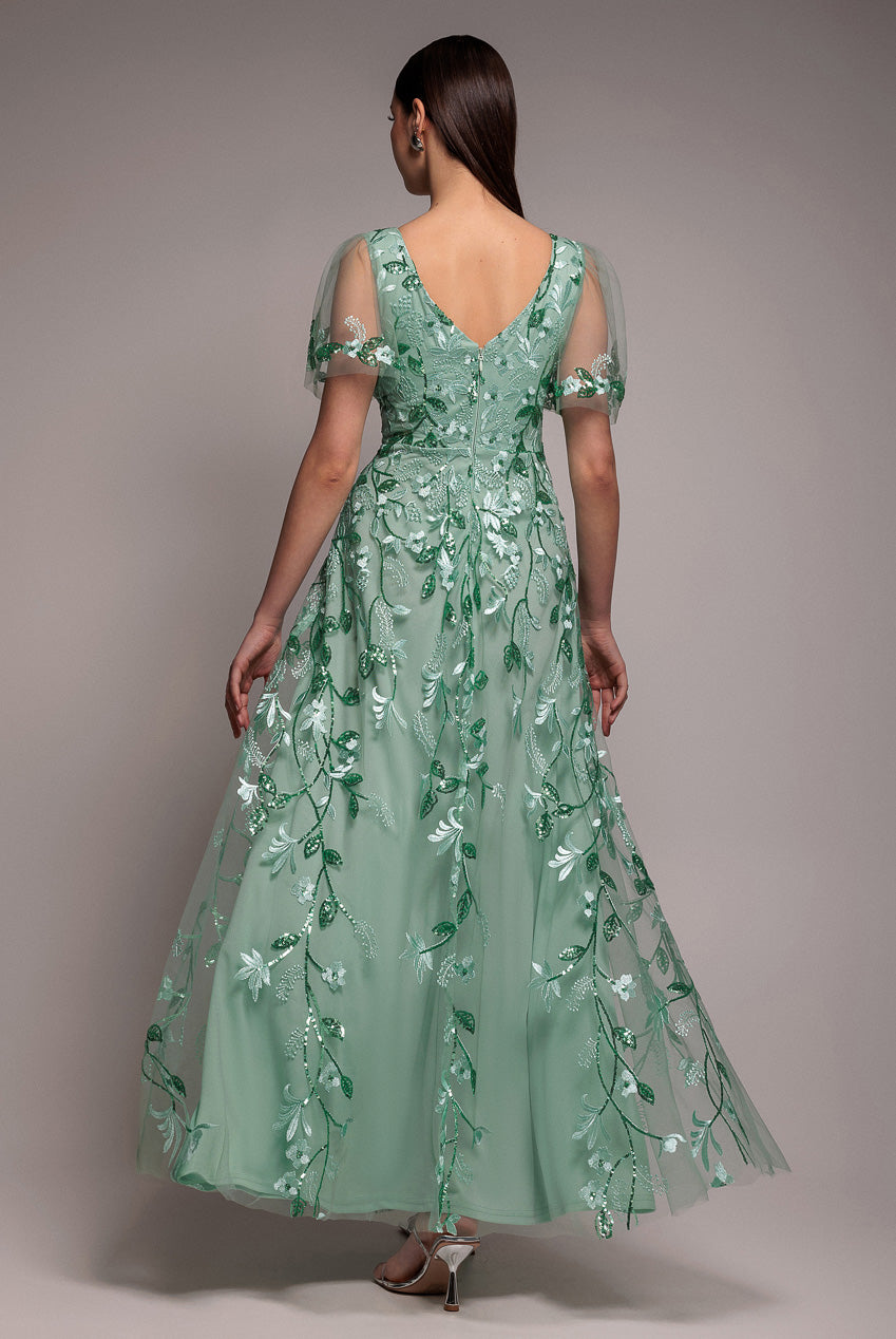 Goddiva Flared Sleeve Embroidered Maxi Dress - Sage Green